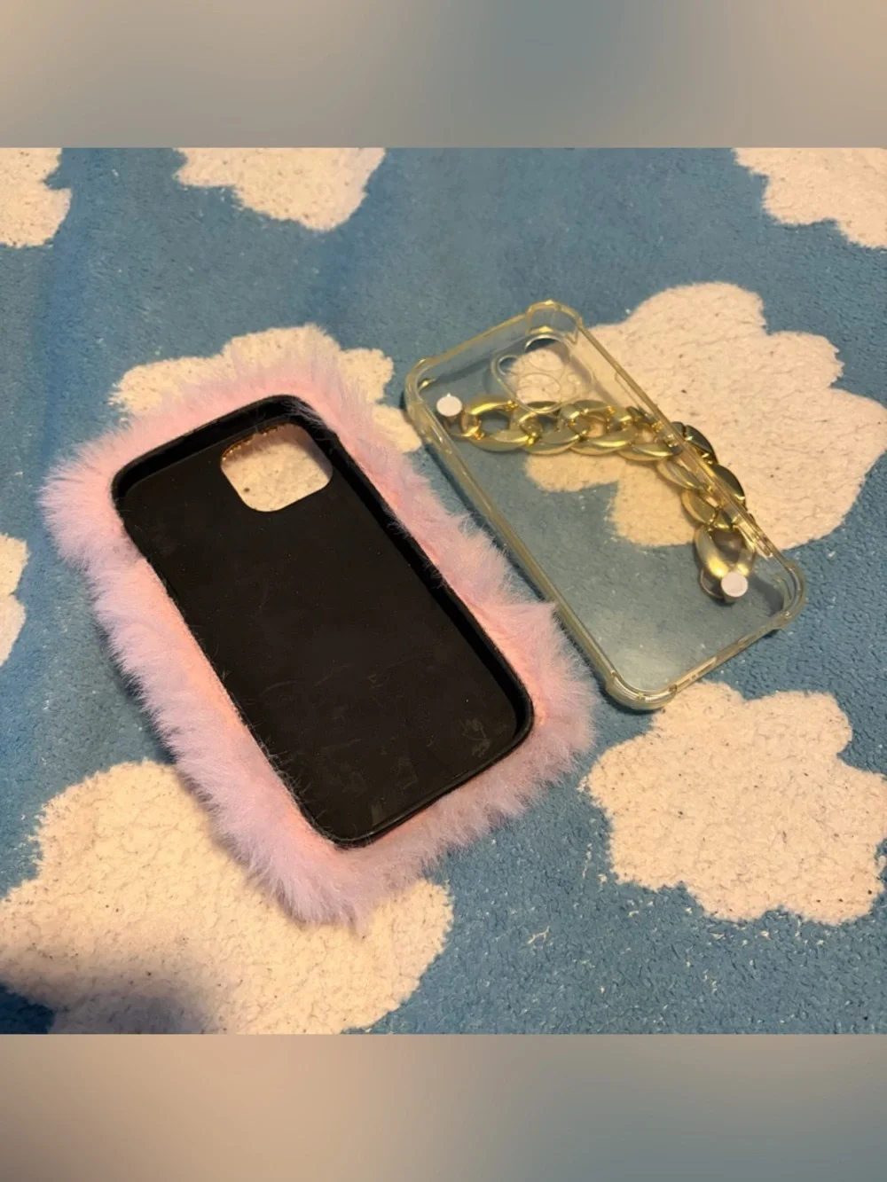 iPhone 13 Mini Pink Faux Fur Rhinestone Case & Clear Chain-Handle Case